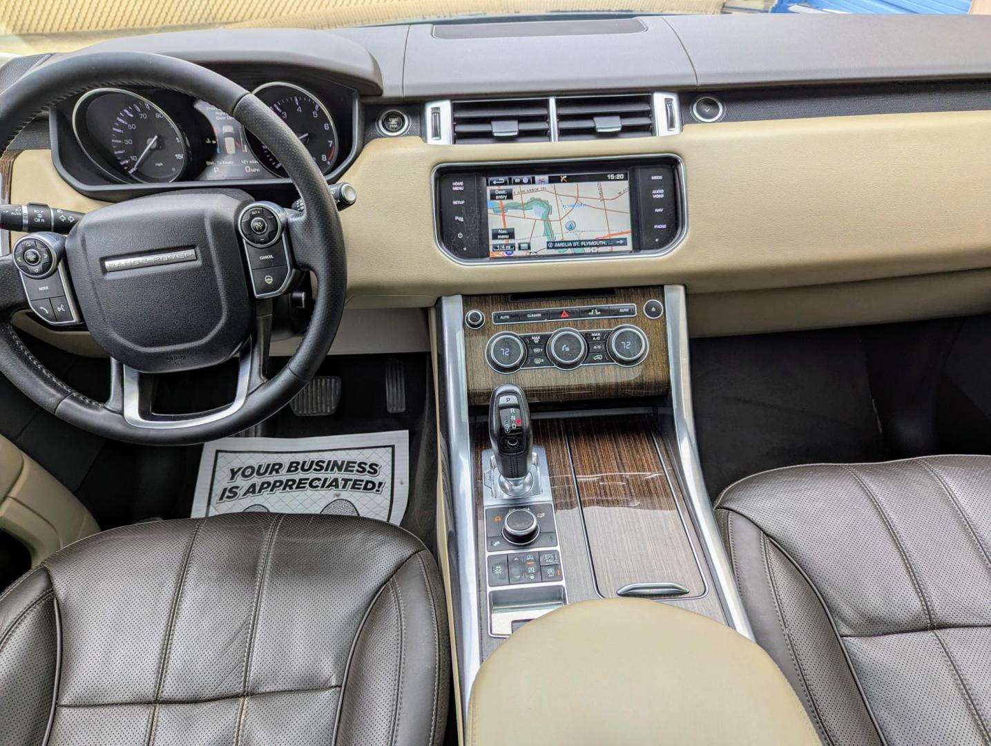 2015 Dark Green Metallic /Expresso & Ivory Leather Land Rover Range Rover Sport SE (SALWR2VF5FA) with an 3.0L V6 24V DOHC SUPERCHARGED engine, 8-Speed Automatic transmission, located at 603 Amelia Street, Plymouth, MI, 48170, (734) 459-5520, 42.378841, -83.464546 - Vehicles shown by appointment - Please call ahead - 734-459-5520, text 734-658-4573 or contact us via our web site at: http://www.selectmotors.com for complete Inventory, Photos, Videos and FREE Carfax Reports. 2015 Land Rover Range Rover Sport HSE - Dark Green Metallic with Espresso & Ivory leat - Photo#10