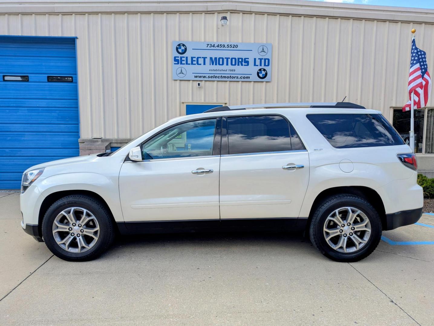 2015 White /Dark Cashmere Leather GMC Acadia SLT-1 AWD (1GKKVRKD3FJ) with an 3.6L V6 DOHC 24V engine, 6-Speed Automatic transmission, located at 603 Amelia Street, Plymouth, MI, 48170, (734) 459-5520, 42.378841, -83.464546 - We will be closed September 11 through the 15th. Reopening on Tuesday, September 16th. We will respond to messages. Vehicles shown by appointment - Please call ahead - 734-459-5520, text 734-658-4573 or contact us via our web site at: http://www.selectmotors.com for complete Inventory, Photos, Vi - Photo#2